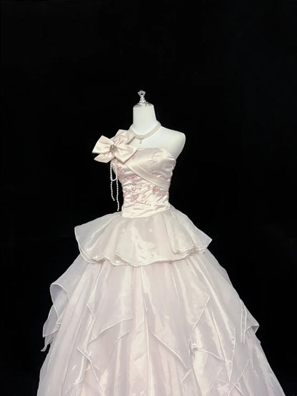 Sweet 15 Quinceanera Dress Ball Gown Strapless Light Pearl Pink With Tiered Long 15th Birthday Gown RC0273