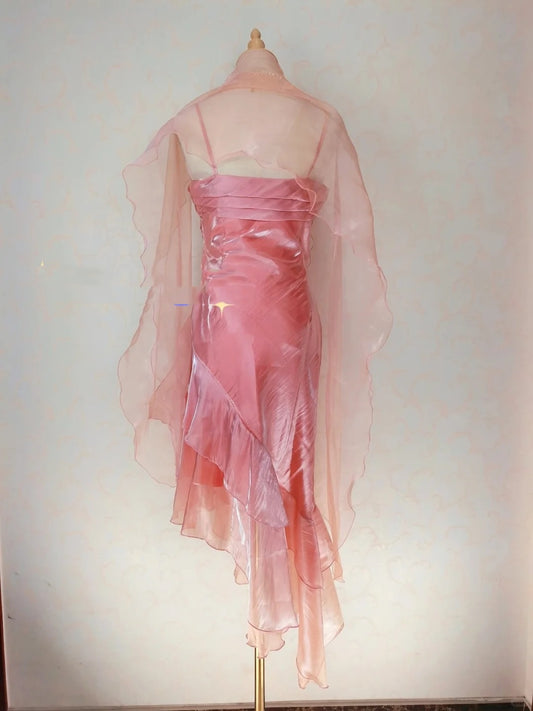 Vintage Prom Dresses 80s Mermaid Spaghetti Straps Pink Irregular Hem Tea Length Formal Outfits RB4315