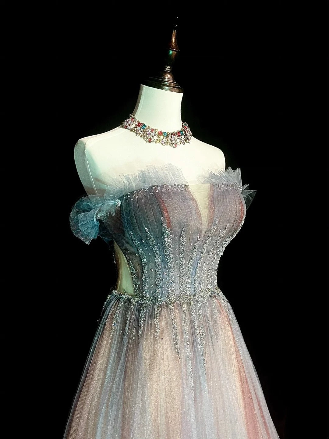 Vintage 1760s A Line Off The Shoulder With Cape Tulle Sleeves Pleated Long Prom Dresses N1584