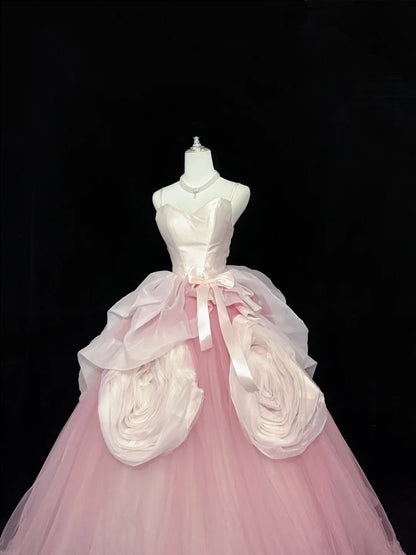Sweet 15 Quinceanera Dress Ball Gown Spaghetti Straps Pink With Flowers Tulle 15th Birthday Gown RC0251