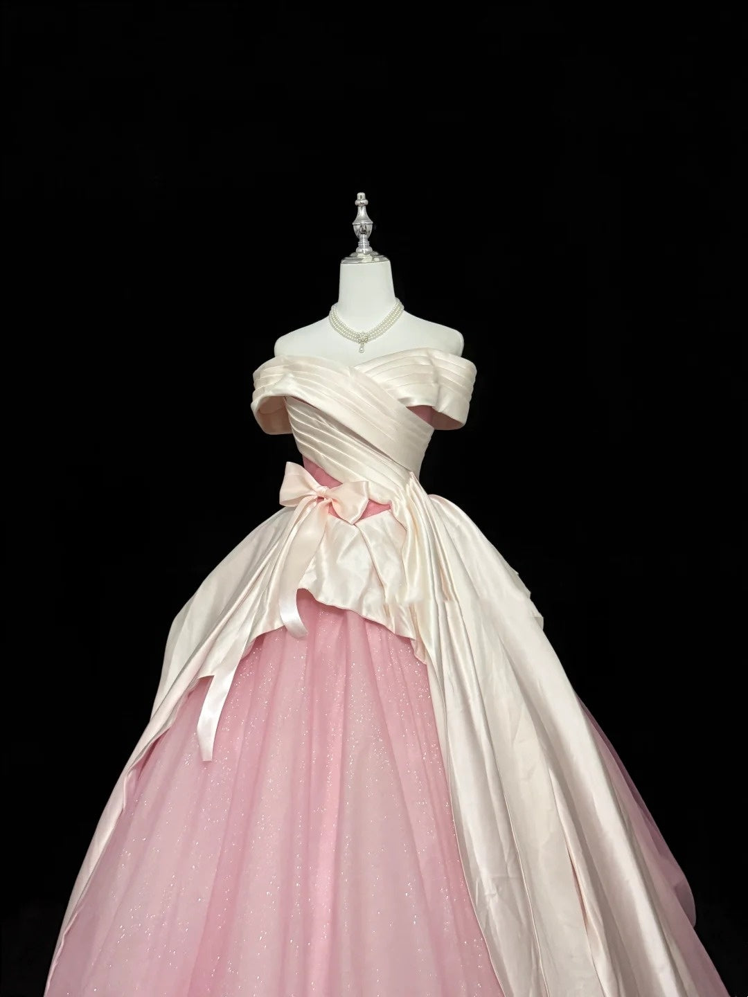 Tulle Prom Dress Long Floor Length Ball Gown Off Shoulder Pink With Sleeves Formal Evening Gown For Women RC0259