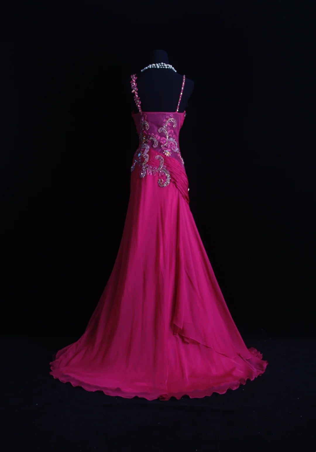 Sparkly Prom Dresses Mermaid Spaghetti Strap Hot Pink Chiffon With Beaded Evening Gown Long Formal Dress RB3261