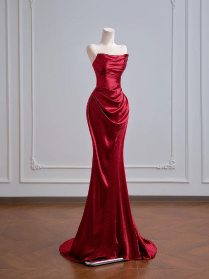 Romantic Mermaid Strapless Red Satin Long Prom Dresses Impress 18th Birthday Outfits Party Gown N392