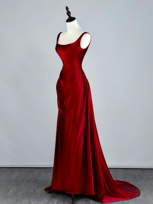 Stunning Mermaid Square Neck Burgundy Satin Long Prom Dresses Inspiration Evening Dress Princess Graduation Gown N1086