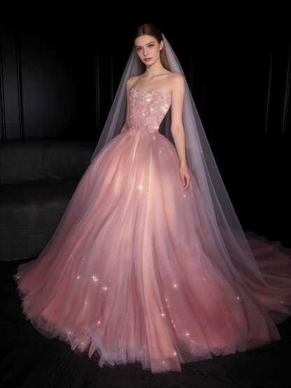 Glittery Ball Gown Strapless Pink Polka Dots Long Formal Evening Dress Formal 18th Birthday Gowns Prom Dresses N735