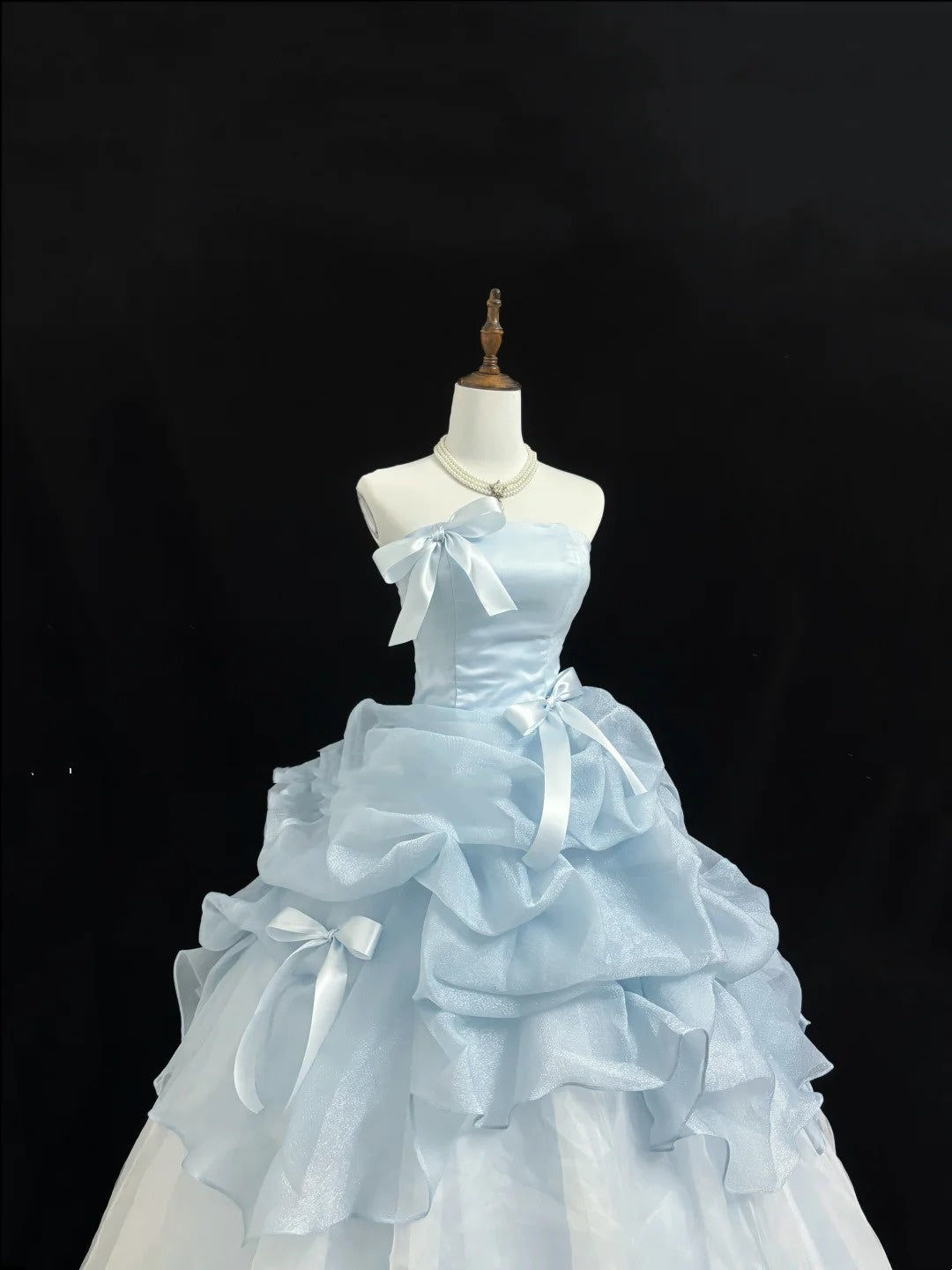 Light Blue Prom Dress Long Floor Length Ball Gown Strapless With Bow-knot Formal Evening Gown For Women RC0226