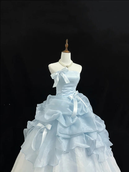 Light Blue Prom Dress Long Floor Length Ball Gown Strapless With Bow-knot Formal Evening Gown For Women RC0226