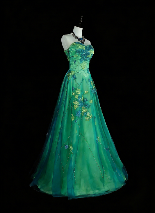 Vintage A Line Sweetheart Green Tulle With Beads Gem Crystals Formal Dress Long Prom Dresses N2699