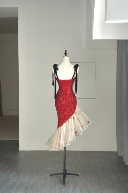 Modest Mermaid Spaghetti Strap Red Sequins College Formal Sweet 16 Outfits Short Prom Dresses For Teens N1177
