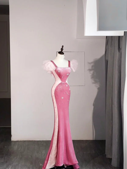 Classy Mermaid Square Pink Velvet Sleeveless Senior Prom dresses High School Long Formal Dress N1277
