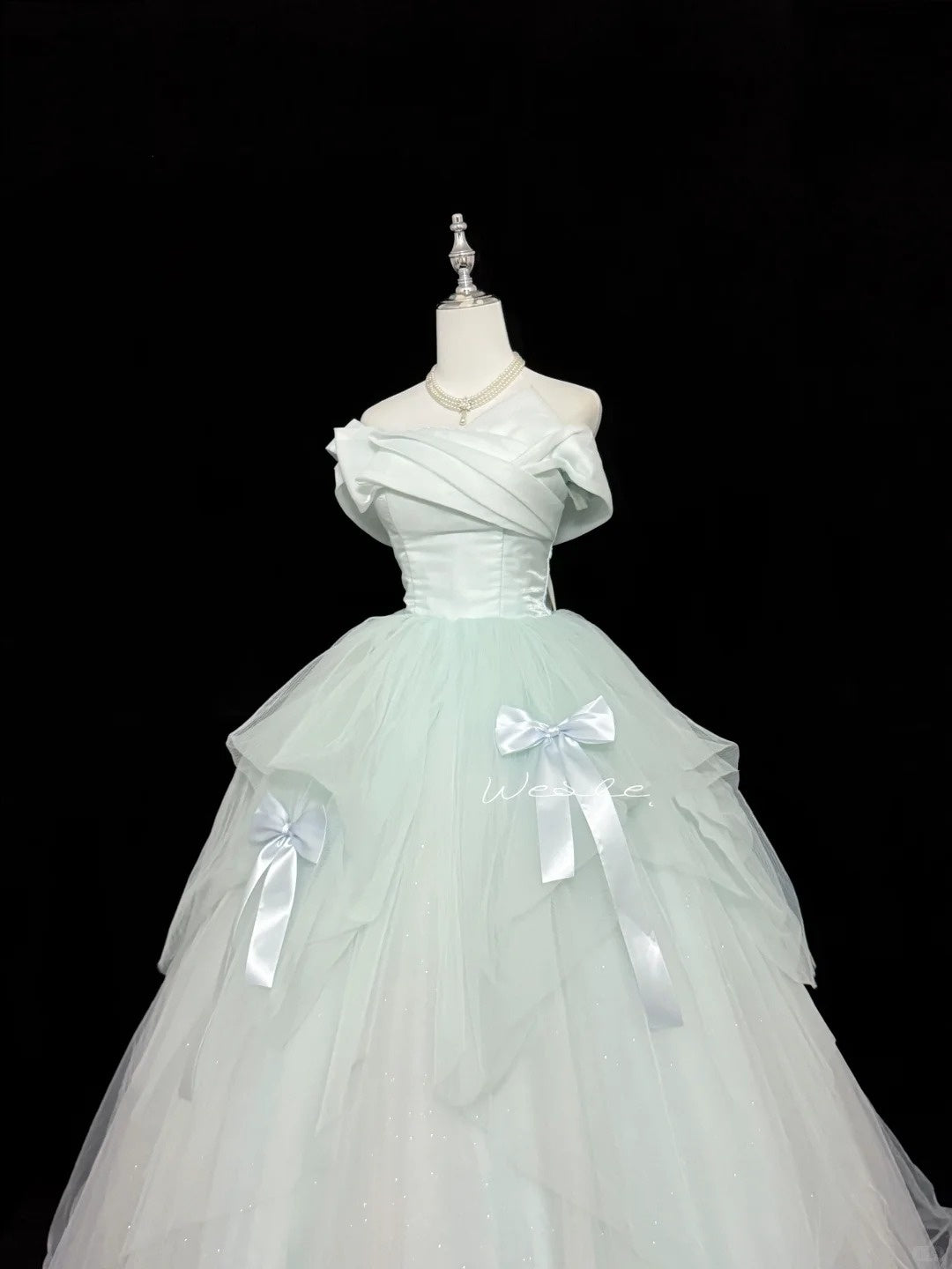 Tulle Prom Dress Long Floor Length Ball Gown Off Shoulder Mint Green With Bow-knot Formal Evening Gown For Women RC0248