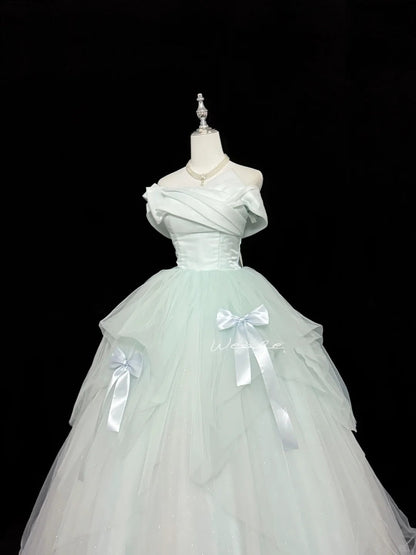 Tulle Prom Dress Long Floor Length Ball Gown Off Shoulder Mint Green With Bow-knot Formal Evening Gown For Women RC0248