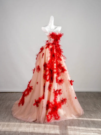 Cute Ball Gown Strapless Red Floral Sleeveless With Applique Pink Tulle Long Quinceanera Dresses Sweet 15 16 Birthday Outfit N676