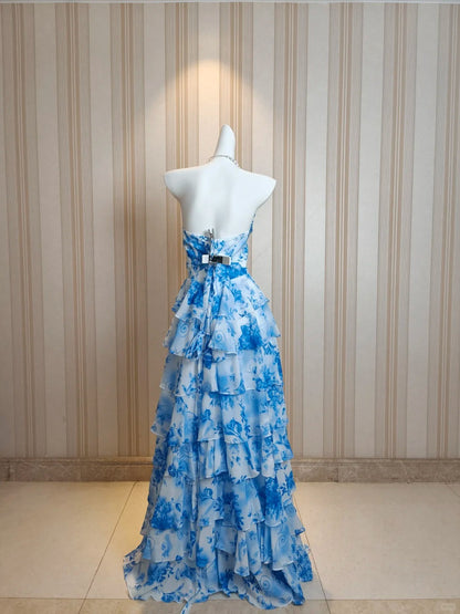 Modest A line Sweetheart Floral Blue Chiffon Ruffled Tiered Layers Evening Dresses Night Date Prom Dress N4482