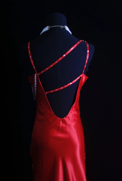 Retro Mermaid Spaghetti Strap Red Satin 90s Beaded Bodice Long Prom Dresses Inspo 18th Birthday Outfits Formal Dress N491