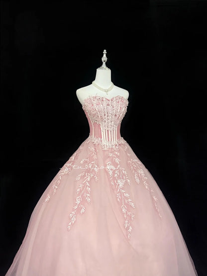 Sweet 16 Dresses Long Ball Gown Sweet Sixteen Long Birthday Dress Sweetheart With Lace Appliqued Pink Formal Gown RC0302