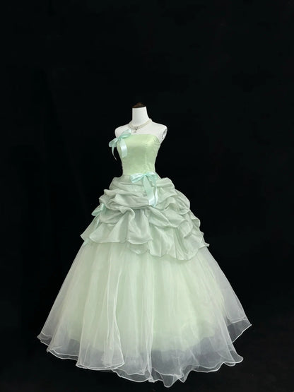 Sweet 16 Dresses Long Ball Gown Sweet Sixteen Long Birthday Dress Strapless Sage Green Tulle Formal Gown RC0340