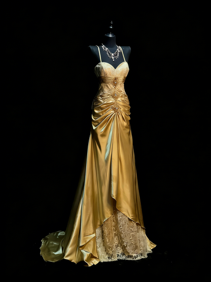Modest A line Halter Gold Satin College Formal Outfit Long Prom Graduation Dresses For Teens N1182