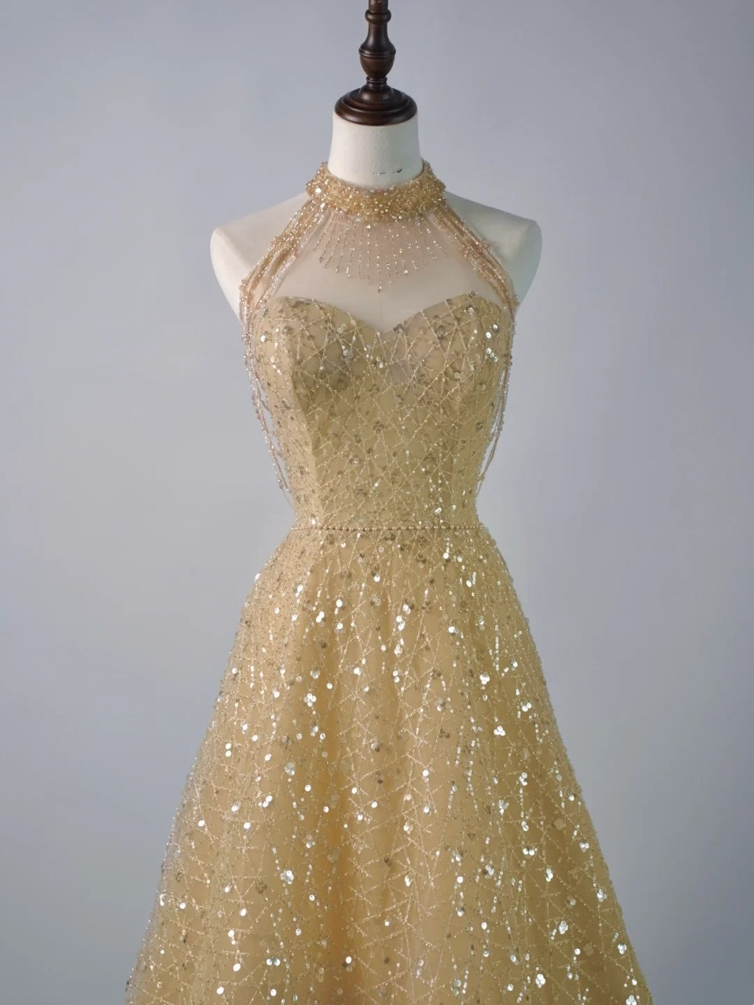 Sparkly Ball Gown High Neck Yellow Sequins Senior Prom Dresses High School Long Formal Dress N1290