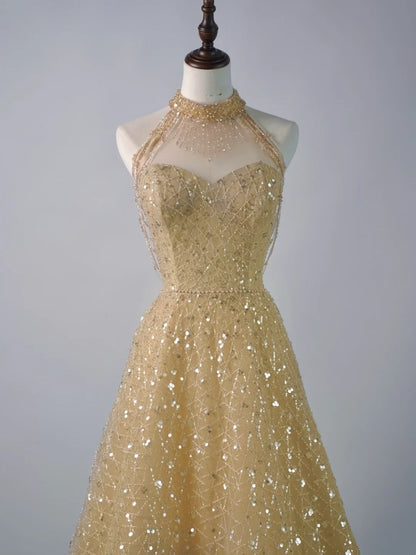 Sparkly Ball Gown High Neck Yellow Sequins Senior Prom Dresses High School Long Formal Dress N1290