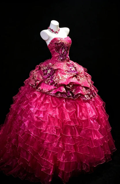 Princess Ball Gown Strapless Hot Pink Ruffled Layers Tiered With Flowers Sweet 16 Dresses Quinceanera Dress N4187