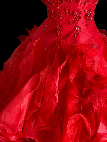 Princess Ball Gown Spaghetti Straps Red Long Lace Sweet 16 Dresses Seventeen Quince Dress RB4015
