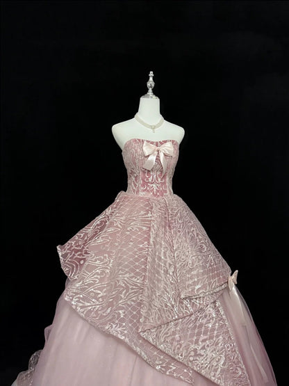 Sweet 16 Dresses Long Ball Gown Sweet Sixteen Long Birthday Dress Strapless Pink Sequin Formal Gown RC0319