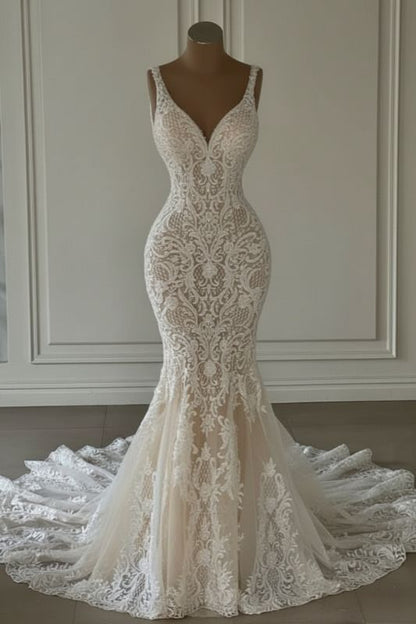 Mermaid Lace Sweetheart Wedding Dress V-neck Long Bridal Dress with Train AB1708