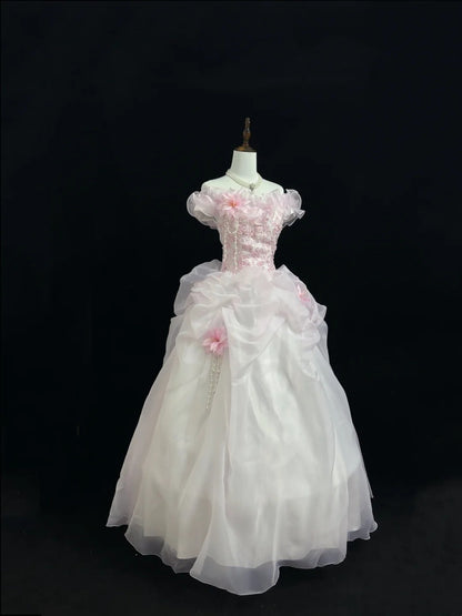 Pink Sweet 16 Dresses Long Ball Gown Off Shoulder With Ruffled Lace Sweet Sixteen Birthday Gown RC0230