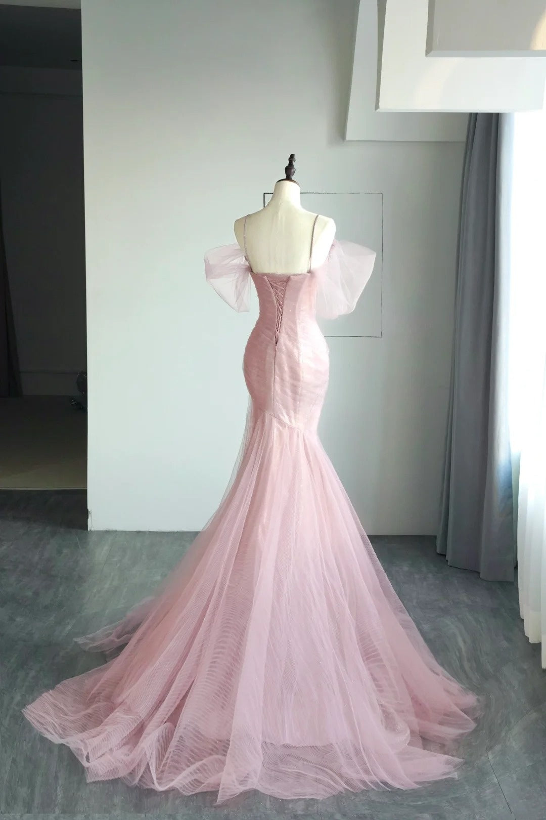 Gorgeous Mermaid Spaghetti Strap Pink Tulle Prom Dresses Sleeveless Long Formal Party Gown AB336