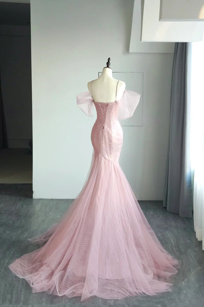 Gorgeous Mermaid Spaghetti Strap Pink Tulle Prom Dresses Sleeveless Long Formal Party Gown AB336