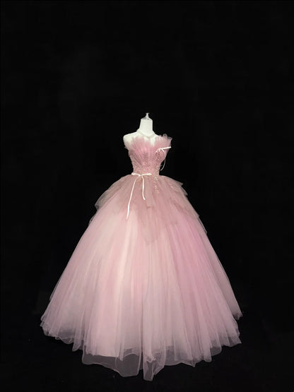 Sweet 16 Dresses Long Ball Gown Sweet Sixteen Long Birthday Dress Strapless Pink Tulle Formal Gown RC0326