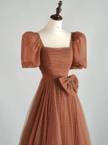 Modest A line Square Neck Polka Dots Tulle Prom Dresses Inspiration Party Gowns Princess Formal Dress N765