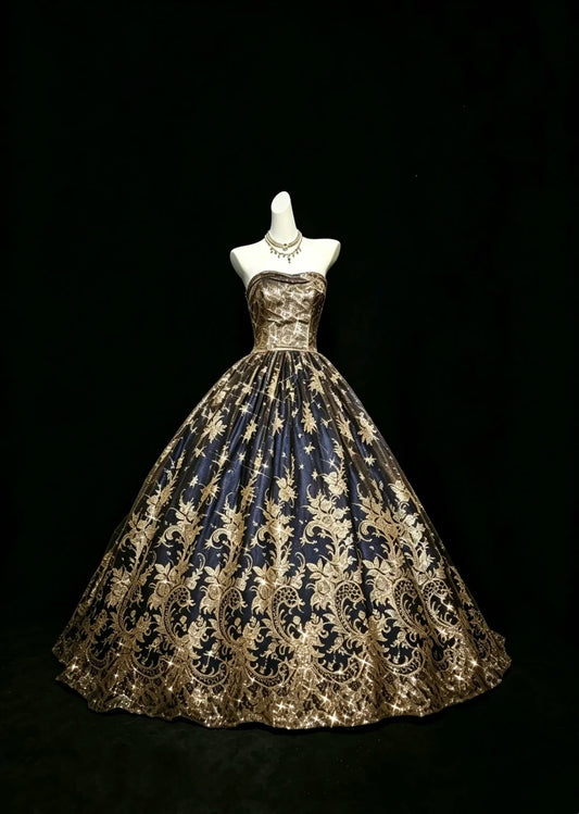 Princess Ball Gown Strapless With Gold Appliqued Lace Sweet 16 Dresses Quinceanera Dress RB3304