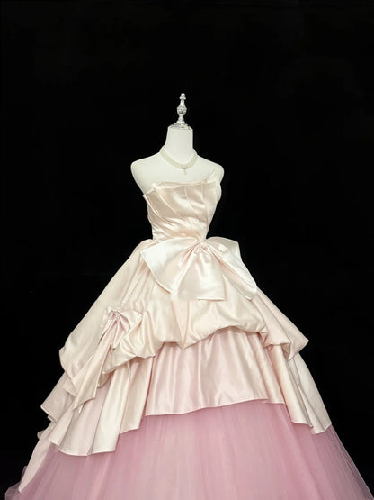 Cute Sweet 16 Dresses Long Ball Gown Strapless Blush Pink Satin Tulle Formal Sweet Sixteen Birthday Gown RC0262