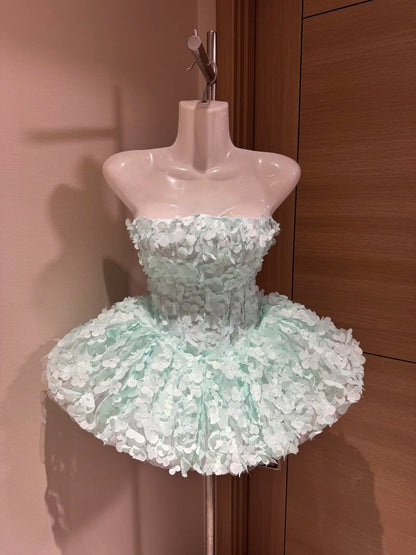 Cute Ball Gown Strapless Mint Green 3D Flowers Short Night In Rio Inspo Hoco Dress Ideas Homecoming Dresses RB4039