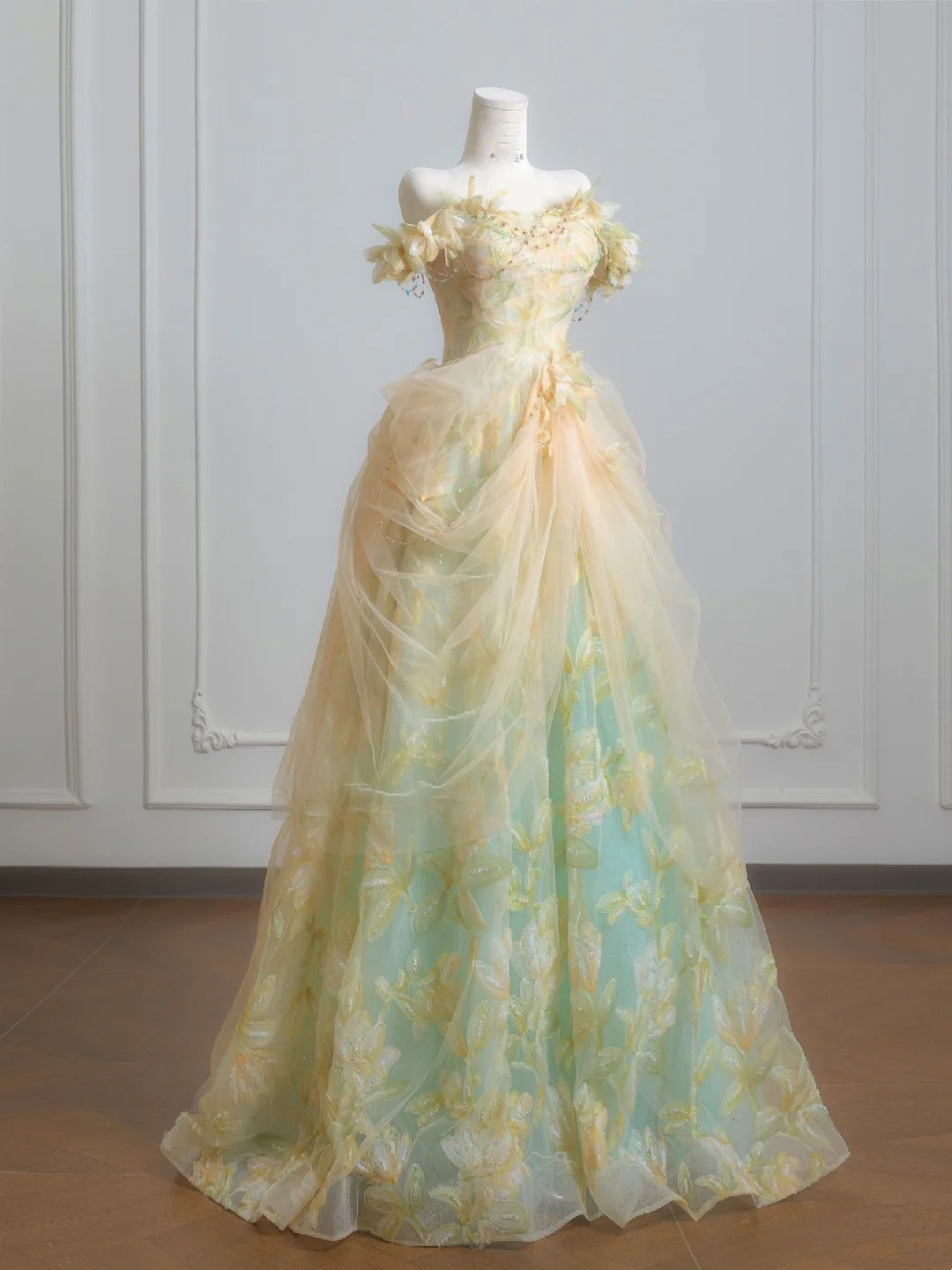 Fairytale Ball Gown Off The Shoulder Green Floral Tulle Long Formal Evening Dress Formal Birthday Gowns Prom Dresses N729