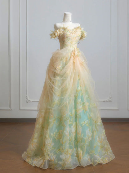 Fairytale Ball Gown Off The Shoulder Green Floral Tulle Long Formal Evening Dress Formal Birthday Gowns Prom Dresses N729