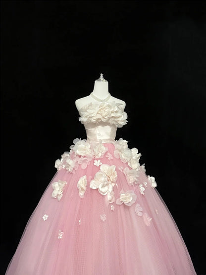 Sweet 16 Dresses Long Ball Gown Sweet Sixteen Long Birthday Dress Strapless Pink Tulle Formal Gown RC0332