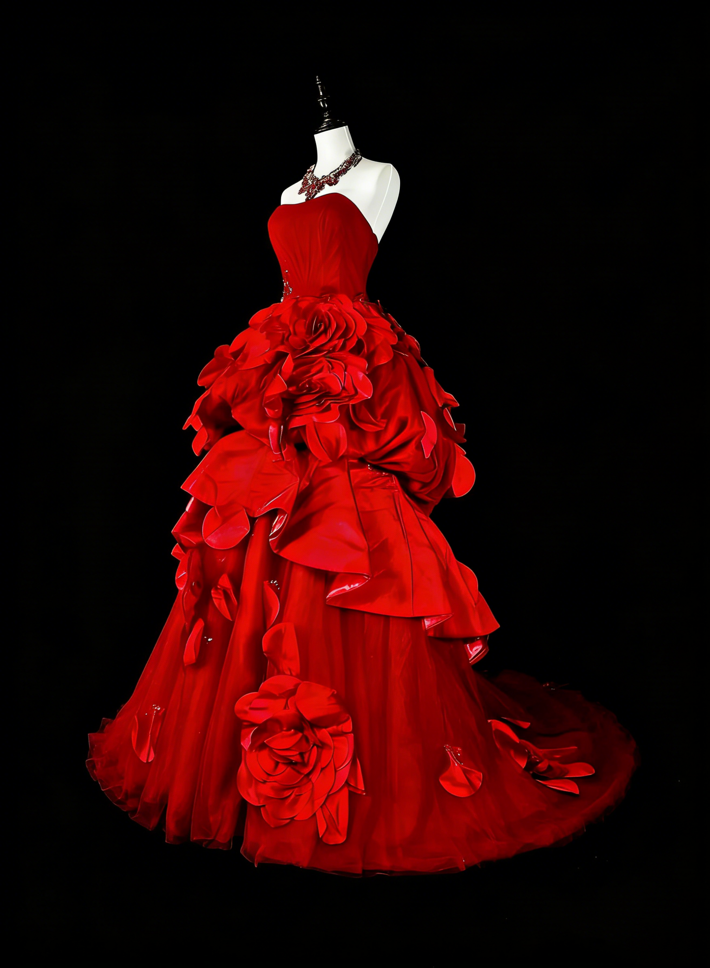 Vintage Prom Dresses Ball Gown Strapless Red Tulle With 3D Flowers Bodice Long Party Dress N2378