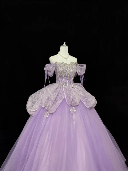 Sweet 15 Quinceanera Dress Ball Gown Off Shoulder Lilac With Sleeves Long 15th Birthday Gown RC0311