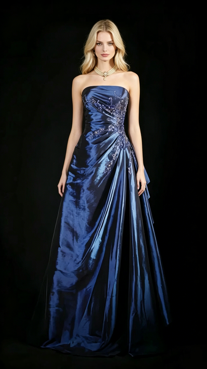 Cute Ball Gown Strapless Navy Blue Satin With Ruffles Long Evening Gowns Prom Dresses N3043