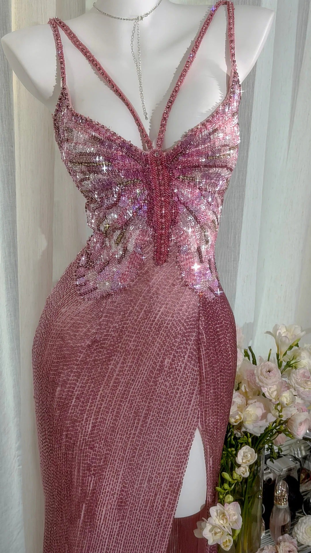 Elegant Prom Dresses Mermaid Spaghetti Strap Pink Sequin Slit Floor Length Formal Evening Outfits N3521