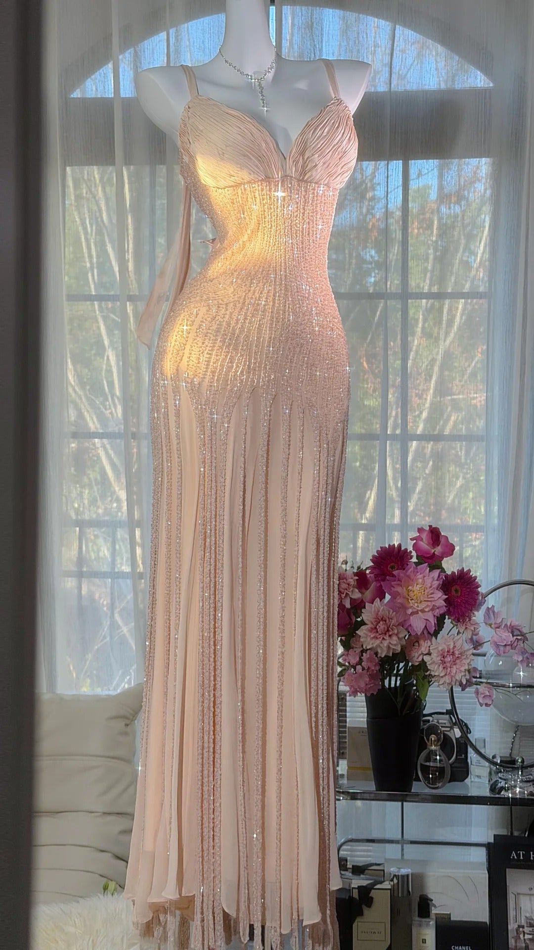 Modest Prom Dresses Mermaid Spaghetti Strap Blush Pink Chiffon With Beading Floor Length Evening Outfits N3531
