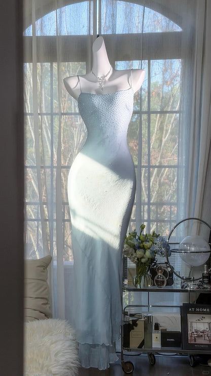 Elegant Prom Dresses Mermaid Spaghetti Strap Light Sky Blue Chiffon Floor Length Formal Evening Outfits N3522