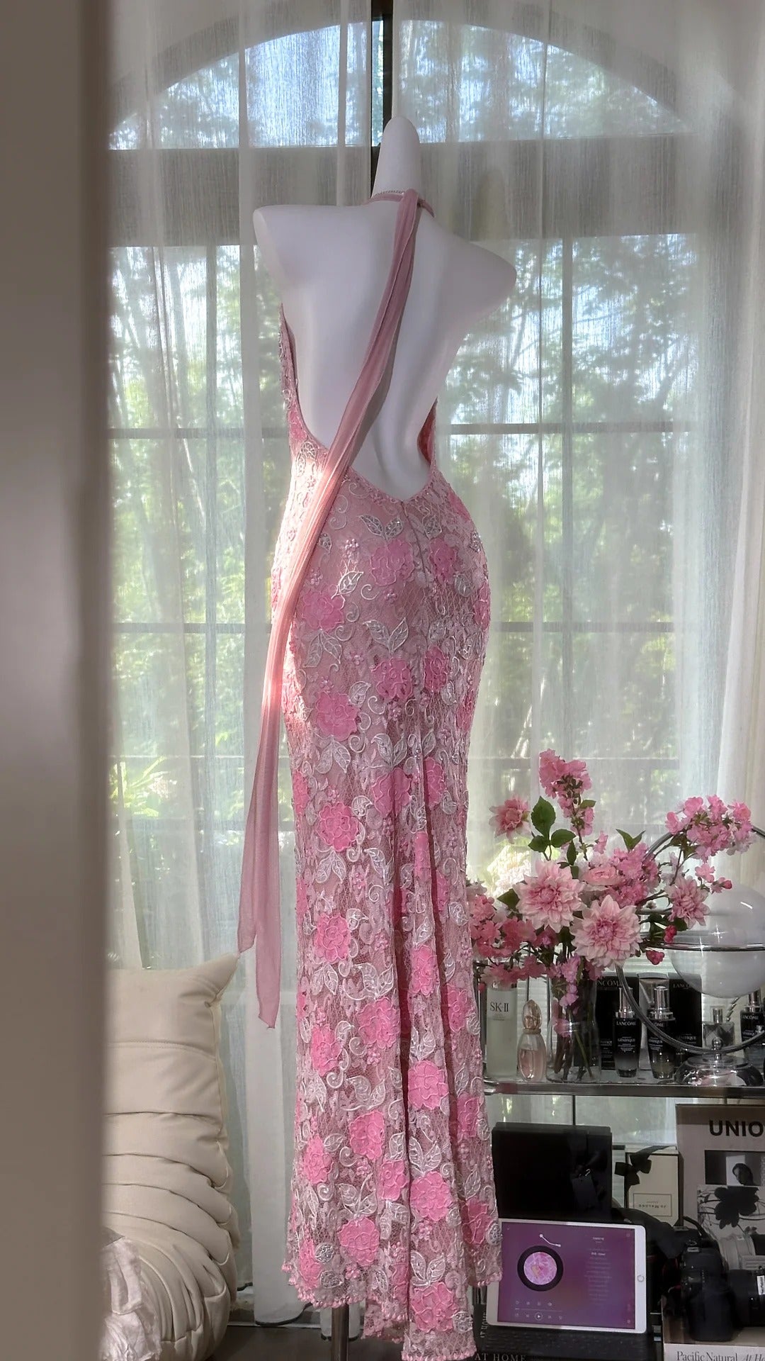 Modest Prom Dresses Mermaid Spaghetti Strap Pink Lace Sleeveless Backless Long Evening Outfits N3568