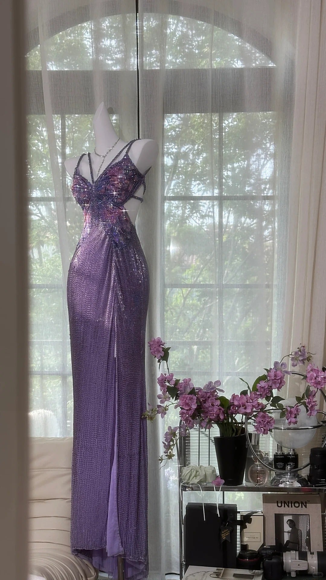 Elegant Prom Dresses Mermaid Spaghetti Strap Purple Sequin Slit Floor Length Formal Evening Outfits N3532