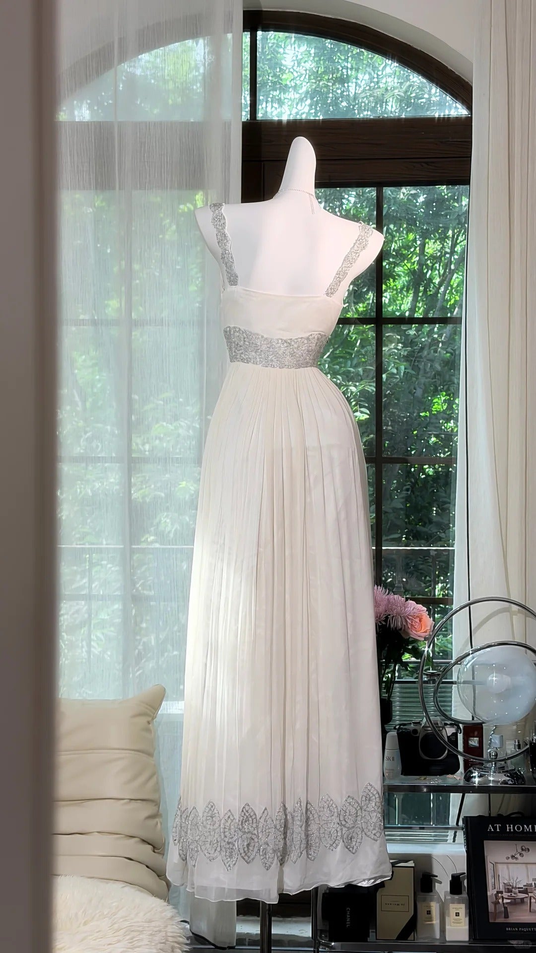 Vintage A line Square Neck White Chiffon With Beading Long Prom Dress Formal Outfits Party Dresses RB7559