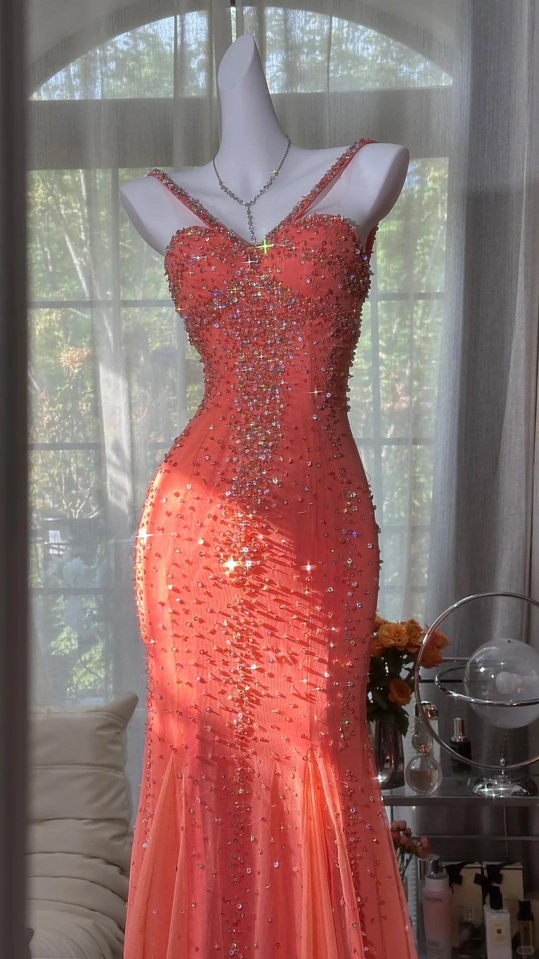 Modest Prom Dresses Mermaid Halter Coral Chiffon With Beading Long Evening Outfits N3551
