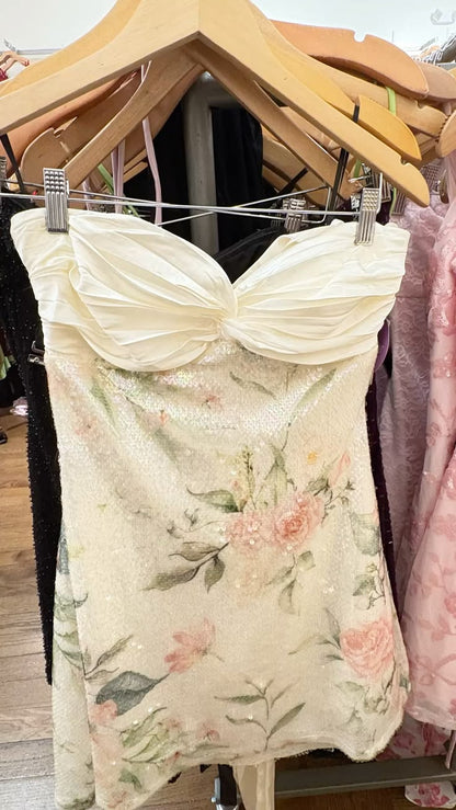 Shiny A Line Sweetheart Champagne Floral Spring dress Sequin Short Homecoming 21th 16th Birthday Cocktail Ideas Outfits RB8305